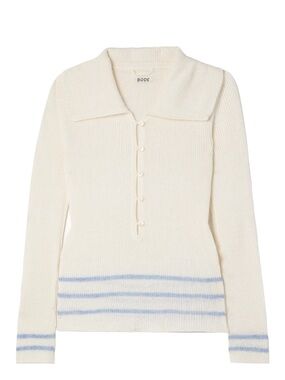Bode Cream Knit Polo Sweater with Light Blue Stripe Detail